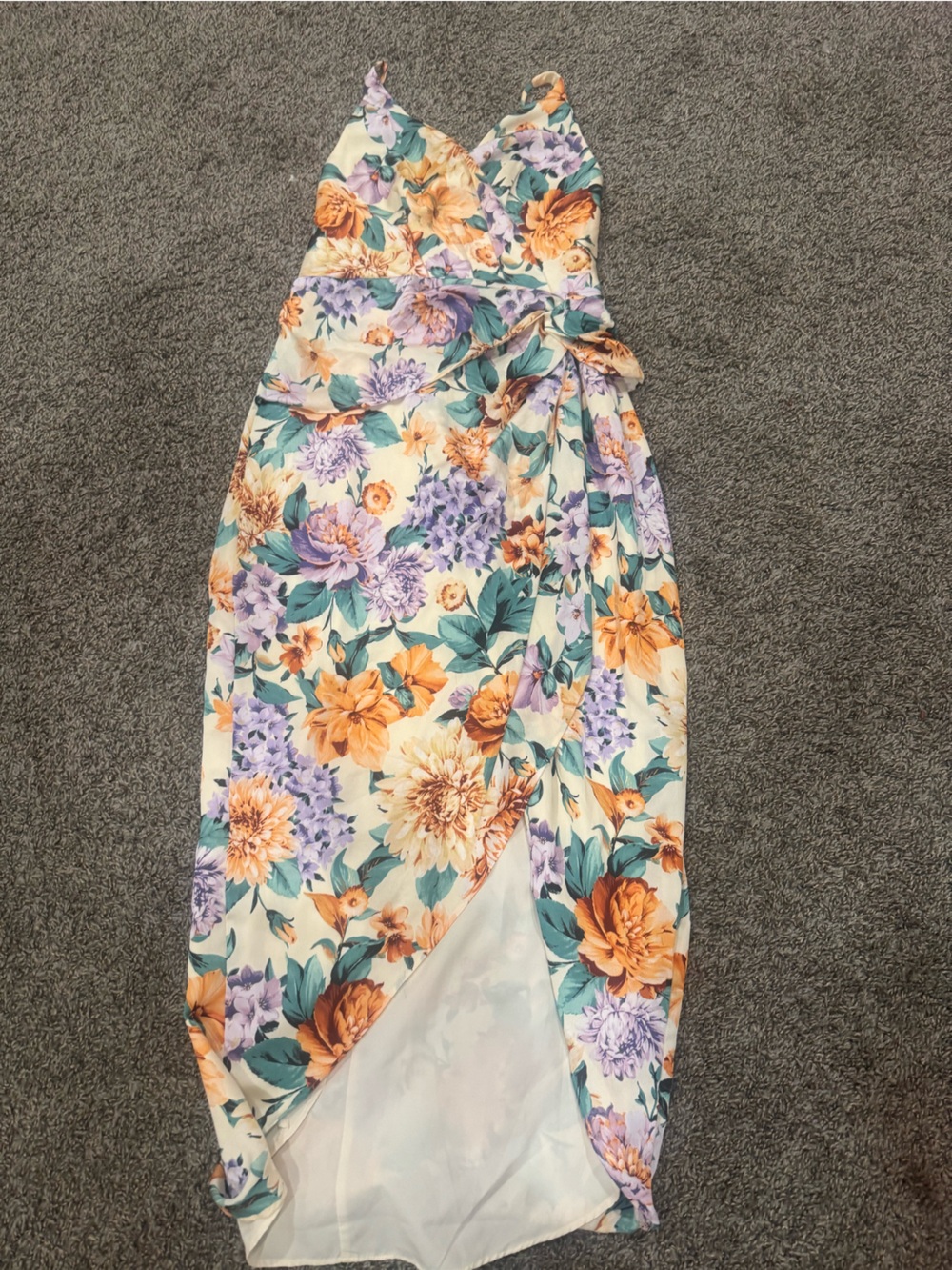 Express Floral Wrap Midi Dress in Cream, Orange & Lavender